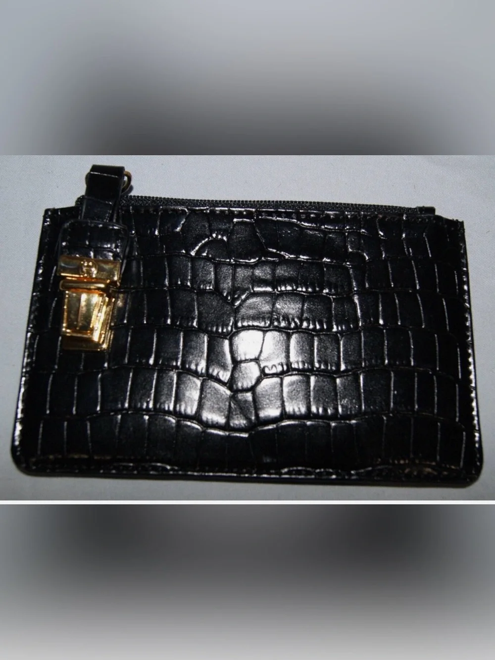 Etienne Aigner Leather ID Holder Zippered Pouch Black Embossed Wallet (ToteHH)